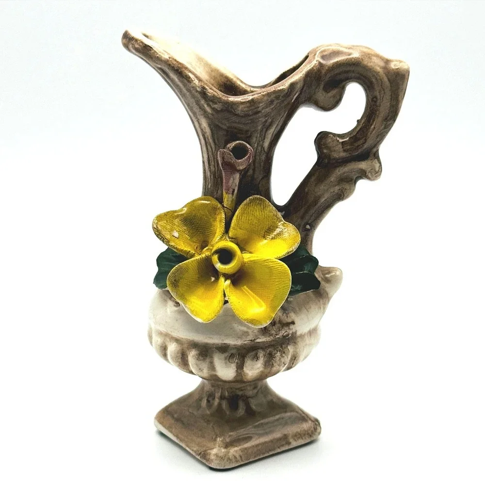 Vintage Capodimonte Italy Nuova Mini Ewer Pitcher Vase Applied Yellow Flower 4